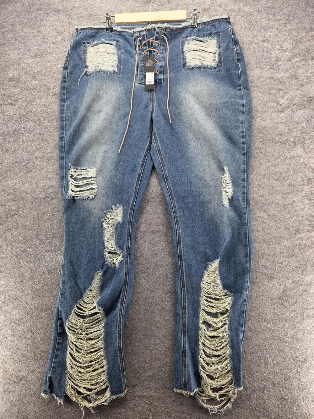 Fashion Nova Jeans Womens 16 Plus Blue Taking A Risk Lace Up Bootcut Ripped